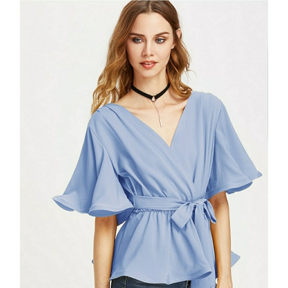 Unbranded Tops - ⬇️Flutter Sleeve Belted Surplice Wrap Top